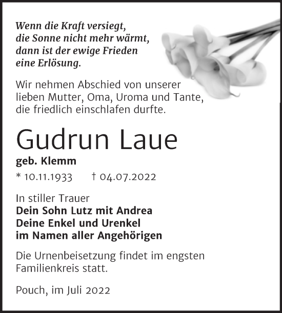 Traueranzeige von Gudrun Lau von Trauerkombi Bitterfeld