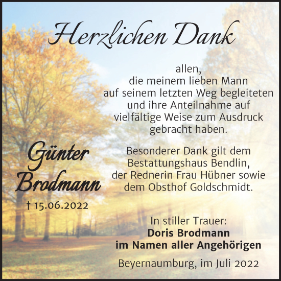 Traueranzeige von Günter Brodmann von Trauerkombi Sangerhausen