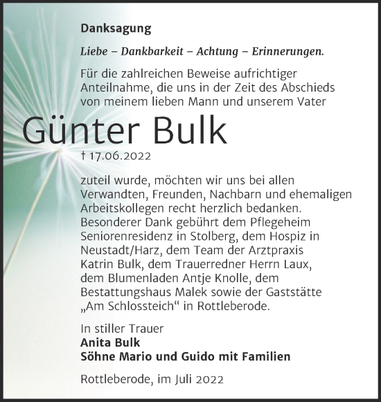 Traueranzeige von Günter Bulk von Trauerkombi Sangerhausen