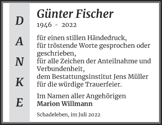 Traueranzeige von Günter Fischer von Trauerkombi Aschersleben