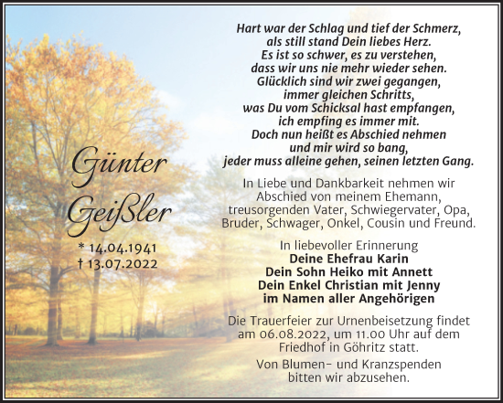 Traueranzeige von Günter Geißler von Trauerkombi Merseburg