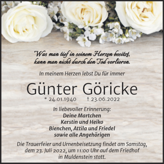 Traueranzeige von Günter Göricke von Trauerkombi Bitterfeld
