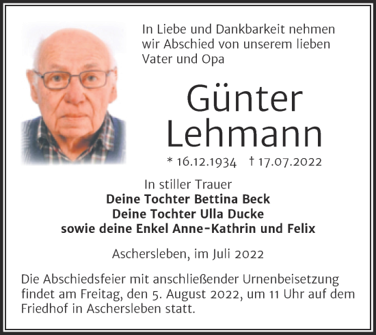 Traueranzeige von Günter Lehmann von Trauerkombi Aschersleben