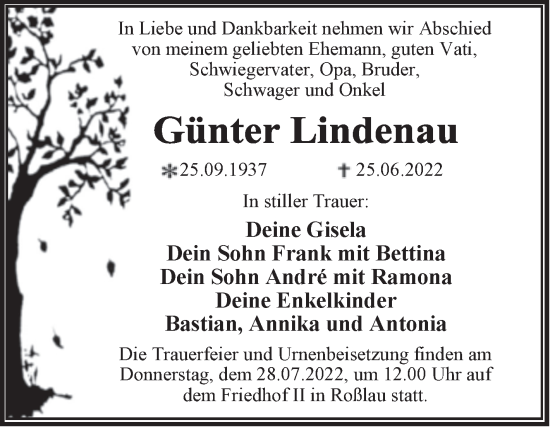Traueranzeige von Günter Lindenau von Trauerkombi Dessau