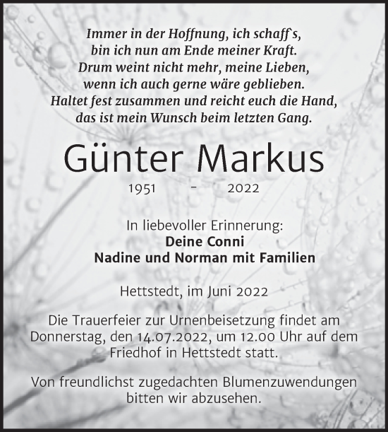 Traueranzeige von Günter Markus von Trauerkombi Mansfelder Land