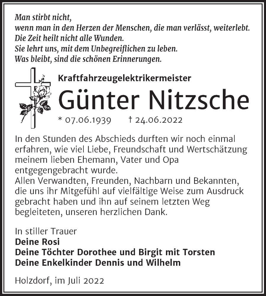  Traueranzeige für Günter Nitzsche vom 16.07.2022 aus Trauerkombi Wittenberg