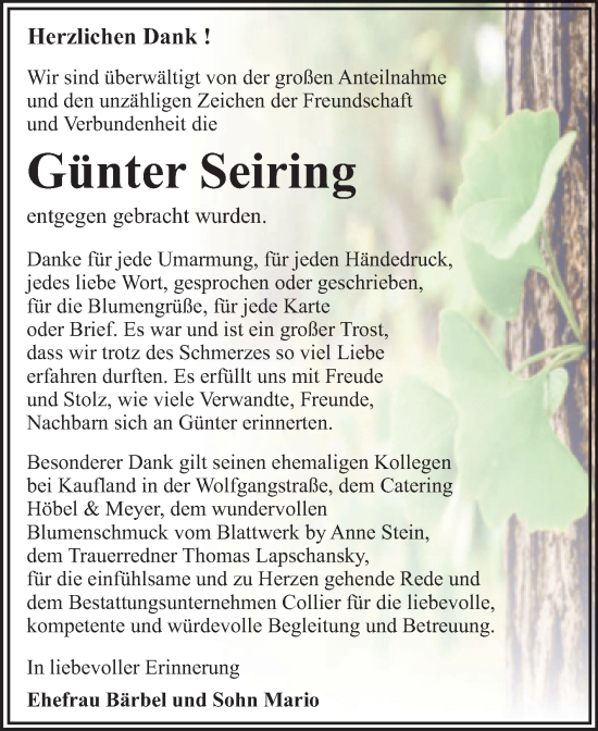 Traueranzeige von Günter Seiring von Trauerkombi Dessau