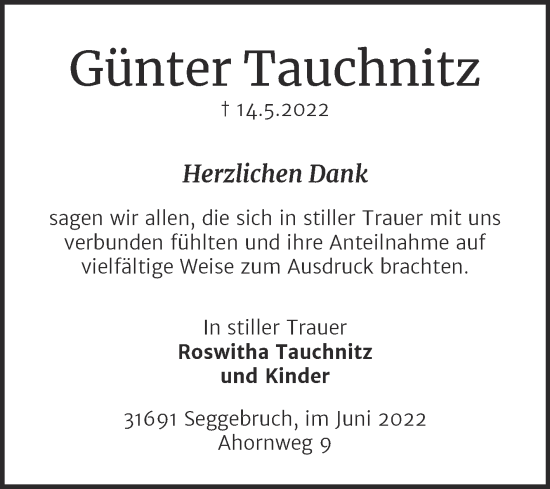 Traueranzeige von Günter Tauchnitz von Trauerkombi Aschersleben