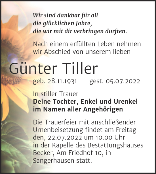 Traueranzeige von Günter Tiller von Trauerkombi Sangerhausen