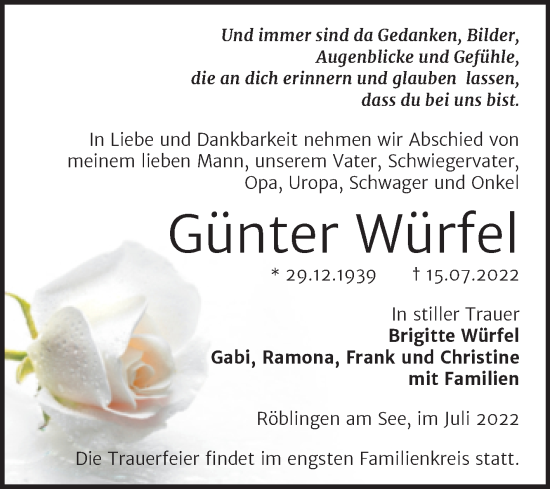 Traueranzeige von Günter Würfel von Trauerkombi Mansfelder Land