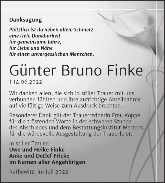 Traueranzeige von Günter Bruno Finke von Naumburger Tageblatt
