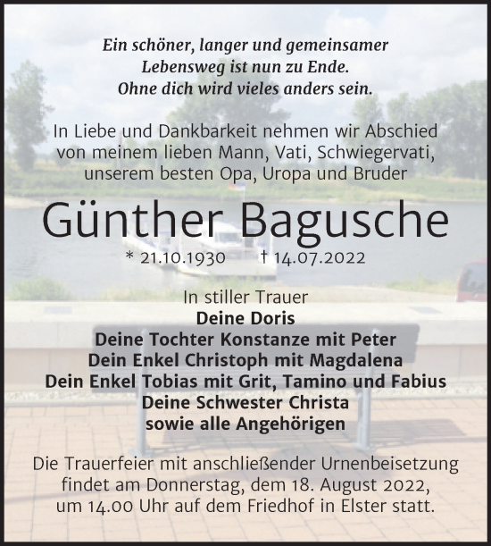 Traueranzeige von Günther Bagusche von Trauerkombi Wittenberg