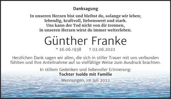 Traueranzeige von Günther Franke von Wochenspiegel Naumburg/Nebra