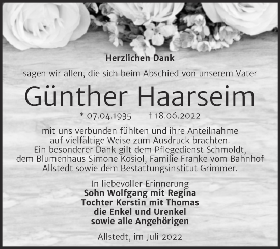 Traueranzeige von Günther Haarseim von Super Sonntag Sangerhausen