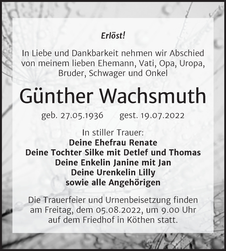 Traueranzeigen von Günther Wachsmuth www.abschiednehmen.de