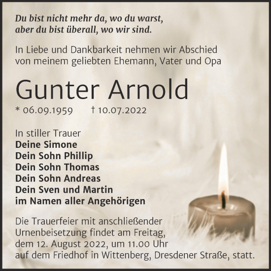 Traueranzeige von Gunter Arnold von Trauerkombi Wittenberg