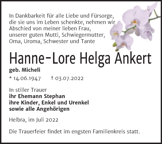 Traueranzeige von Hanne-Lore Helga Ankert von Trauerkombi Mansfelder Land