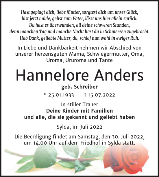 Traueranzeige von Hannelore Anders von Trauerkombi Mansfelder Land