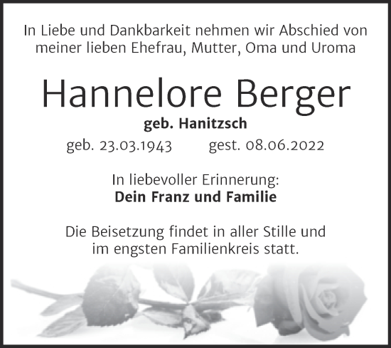 Traueranzeige von Hannelore Berger von Trauerkombi Bitterfeld