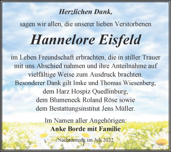 Traueranzeige von Hannelore Eisfeld von Trauerkombi Aschersleben