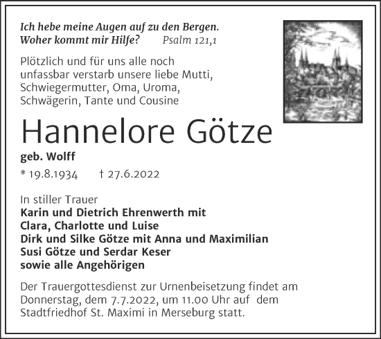 Traueranzeige von Hannelore Götze von Trauerkombi Merseburg