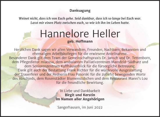 Traueranzeige von Hannelore Heller von Trauerkombi Sangerhausen