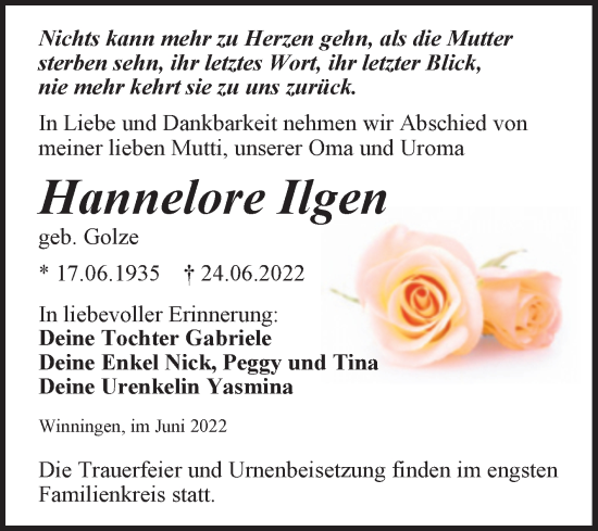 Traueranzeige von Hannelore Ilgen von Trauerkombi Aschersleben
