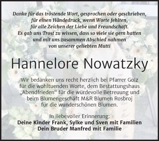 Traueranzeige von Hannelore Nowatzky von Trauerkombi Merseburg