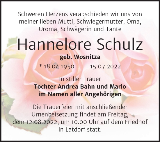 Traueranzeige von Hannelore Schulz von Trauerkombi Bernburg