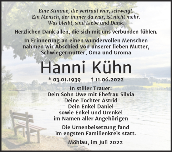 Traueranzeige von Hanni Kühn von Trauerkombi Wittenberg