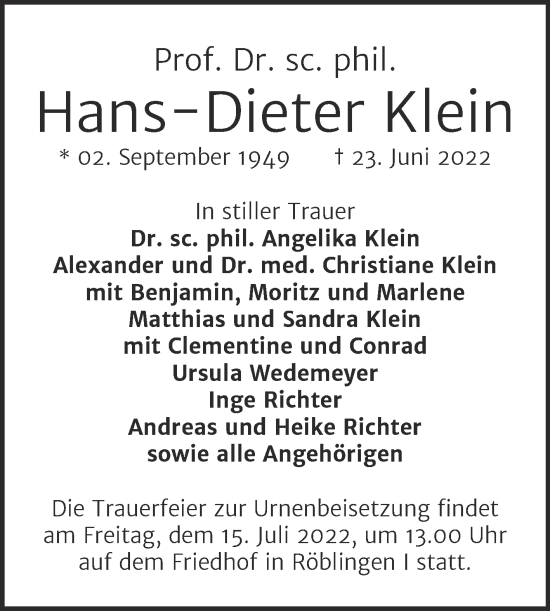 Traueranzeige von Hans-Dieter Klein von Mitteldeutsche Zeitung Halle/Saalkreis