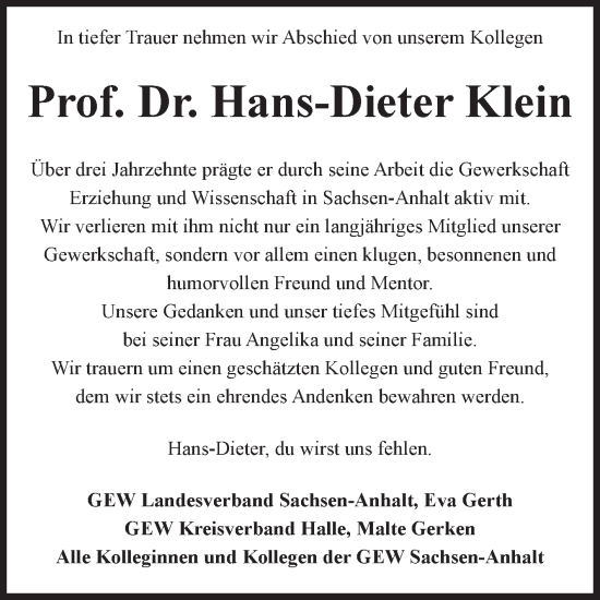 Traueranzeige von Hans-Dieter Klein von Mitteldeutsche Zeitung Halle/Saalkreis