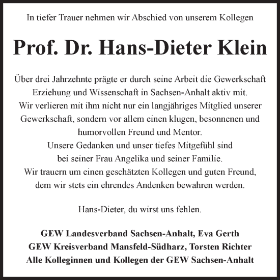 Traueranzeige von Hans-Dieter Klein von Mitteldeutsche Zeitung Sangerhausen