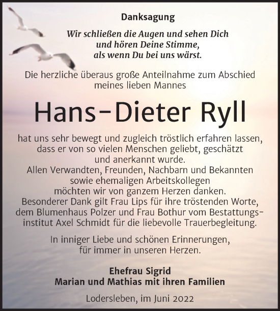 Traueranzeige von Hans-Dieter Ryll von Trauerkombi Merseburg