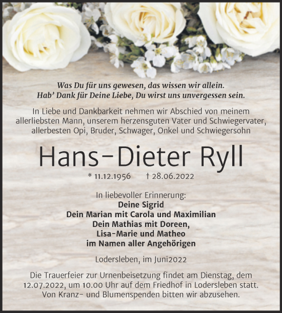 Traueranzeige von Hans-Dieter Ryll von Trauerkombi Merseburg