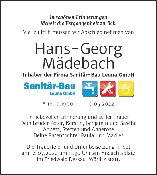 Traueranzeige von Hans-Georg Mädebach von Super Sonntag Merseburg/Querfurt