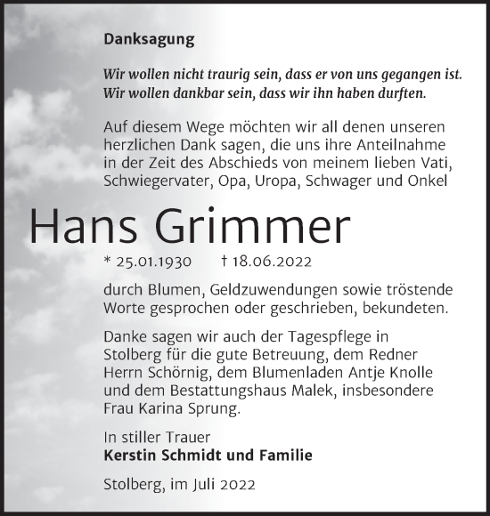 Traueranzeige von Hans Grimmer von Trauerkombi Sangerhausen