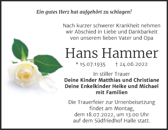 Traueranzeige von Hans Hammer von Mitteldeutsche Zeitung Halle/Saalkreis