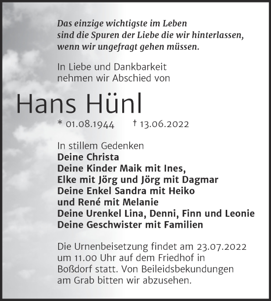 Traueranzeige von Hans Hünl von Trauerkombi Wittenberg