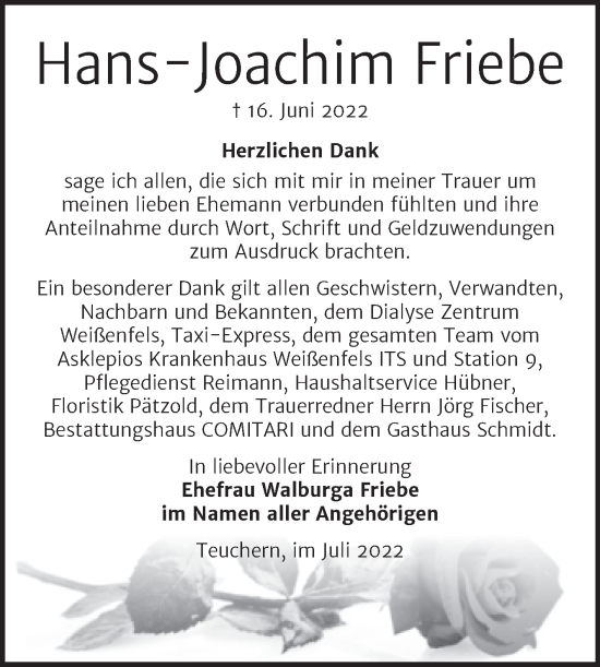 Traueranzeige von Hans-Joachim Friebe von Trauerkombi Weißenfels