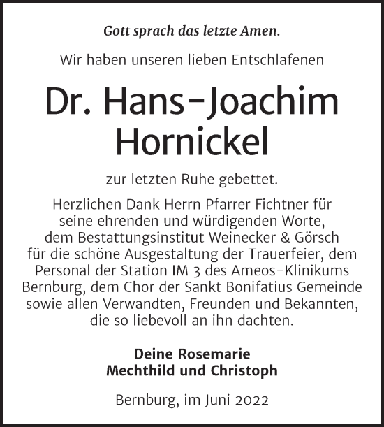 Traueranzeige von Hans-Joachim Hornickel von Trauerkombi Bernburg