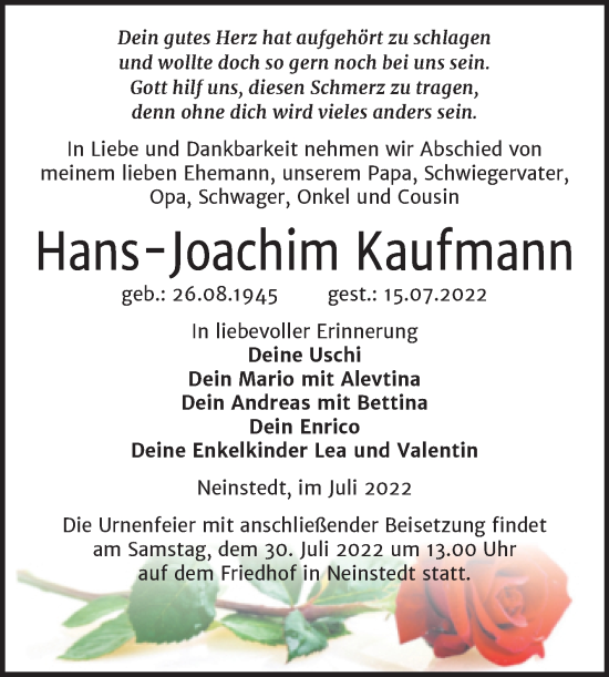 Traueranzeige von Hans-Joachim Kaufmann von Trauerkombi Quedlinburg