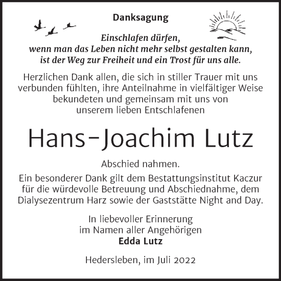 Traueranzeige von Hans-Joachim Lutz von Trauerkombi Quedlinburg