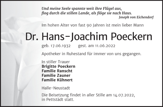 Traueranzeige von Hans-Joachim Poeckern von Mitteldeutsche Zeitung Halle/Saalkreis
