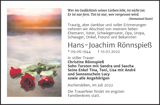 Traueranzeige von Hans-Joachim Rönnspieß von Trauerkombi Aschersleben