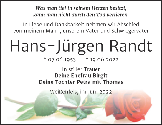 Traueranzeige von Hans-Jürgen Randt von Trauerkombi Weißenfels