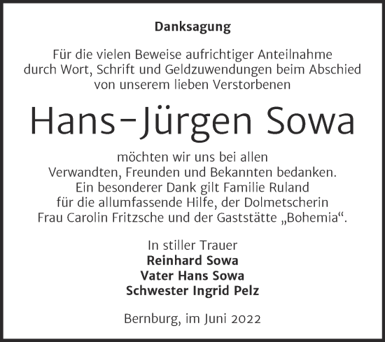 Traueranzeige von Hans-Jürgen Sowa von Trauerkombi Bernburg