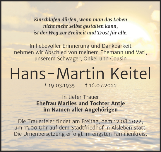 Traueranzeige von Hans-Martin Keitel von Trauerkombi Bernburg