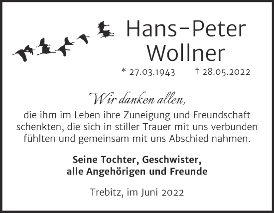 Traueranzeige von Hans-Peter Wollner von Trauerkombi Wittenberg