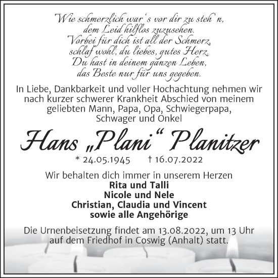 Traueranzeige von Hans Planitzer von Trauerkombi Dessau